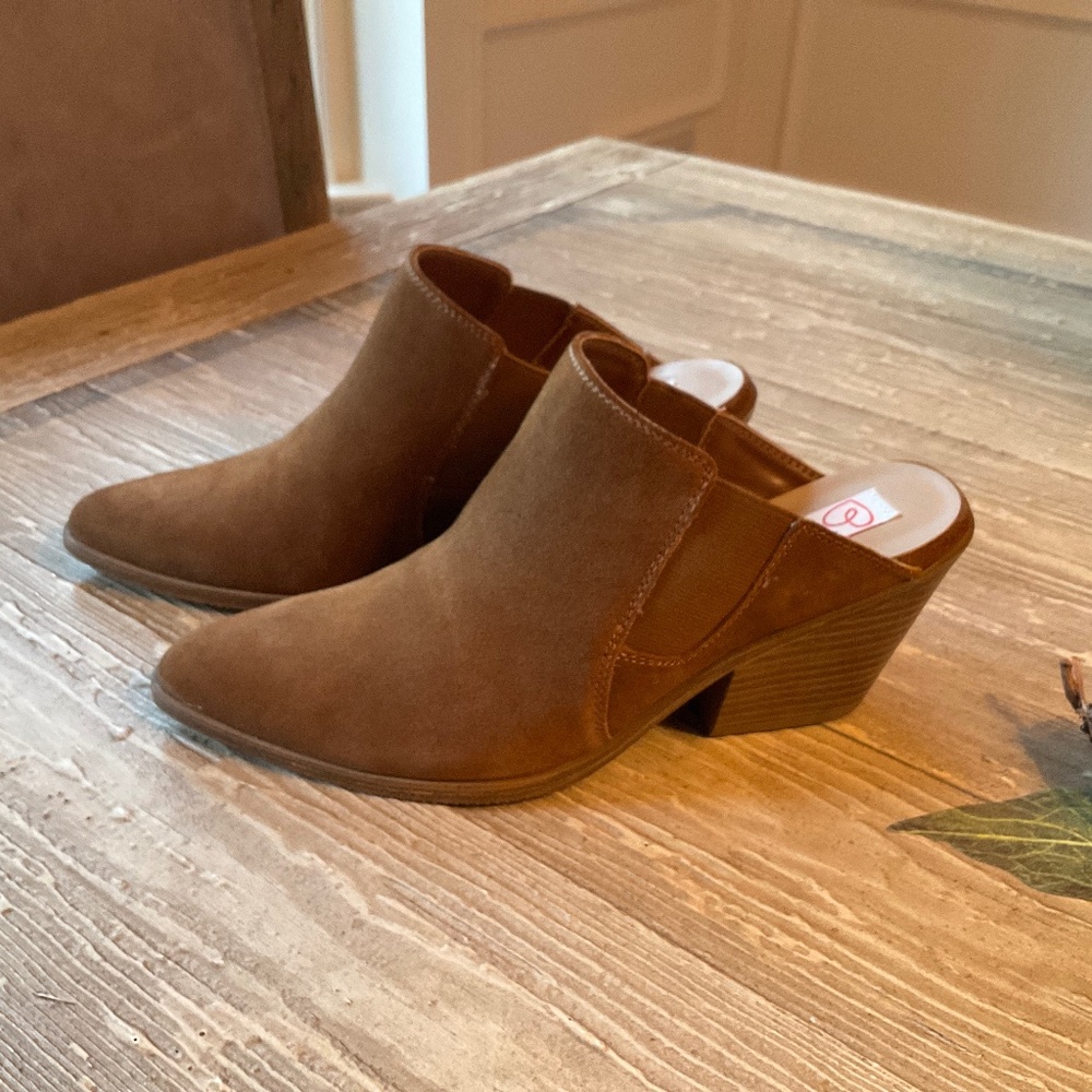Blondo "Norma" waterproof suede heeled mule , Cognac, 8.5